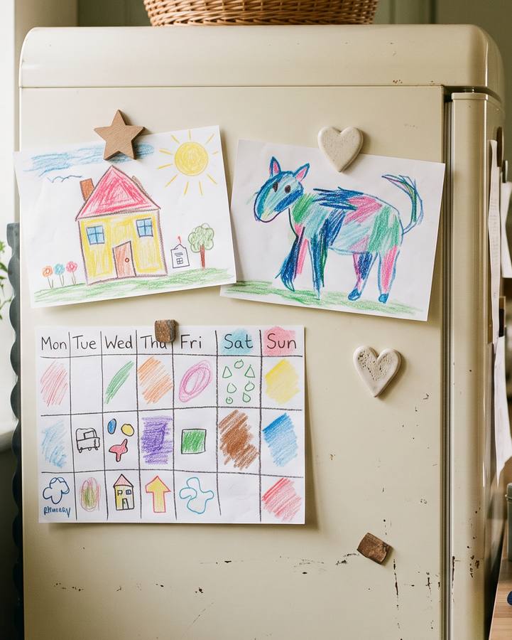 A child's crayon weekly calendar and drawings held by magnets to a cream fridge door.
