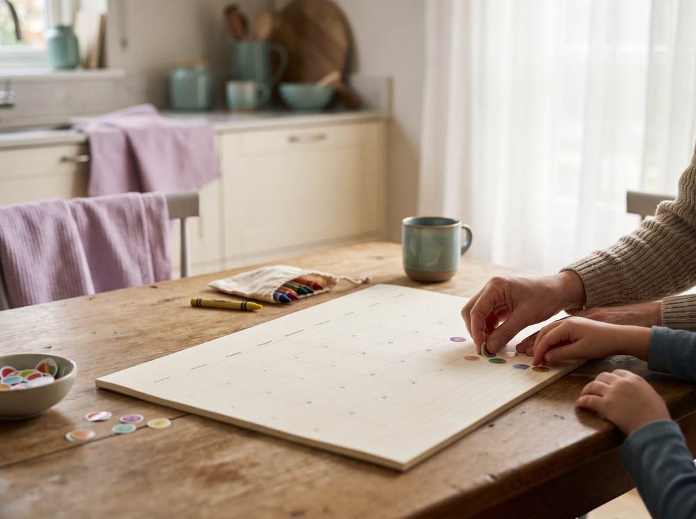 A parent and child placing coloured stickers onto a paper wall planner at a kitchen table.
